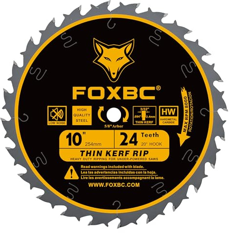 FOXBC 10-Inch Thin Kerf Ripping Table Saw Blade for Wood Cutting, 24-Tooth FTG, 5/8-Inch Arbor