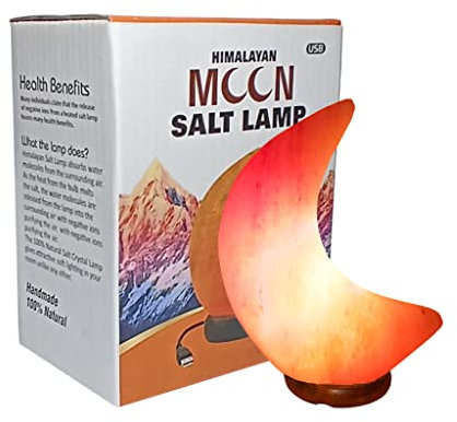 USB Moon Shape Himalayan Salt Lamp Pink Rock Crystal Light | Natural Quality Hand Crafted from Foothills of Himalayas Comes with Complete Fitting Wooden Base