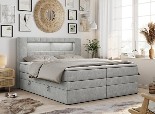 MKS MEBLE Boxspringbett 180x200 mit Led Grau, Polsterbett mit LED Kopfteil, Multipocket Matratze H4, Doppelbett mit Bettkasten Stauraumbett - GOLD-5-KING - Struktur Hellgrau
