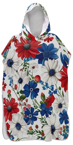 senya Surf Poncho Towel Hooded Beach Towel, Red White Blue Wildflowers Bath Towel Swim Cover Up for Women Men Beach Pool Water Park