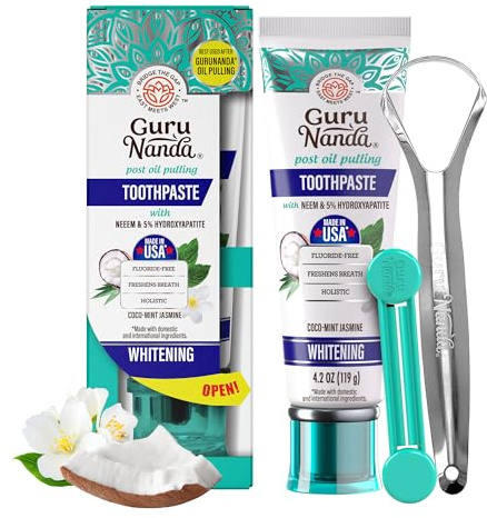 GuruNanda Hydroxyapatite Toothpaste with Neem, SLS & Fluoride Free, Whitening Toothpaste with Tongue Scraper & Squeezer - Freshens Breath, Fights Plaque - Natural CocoMint Jasmine, 4.2oz