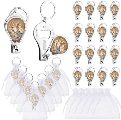 Landical 12 Pcs Personalized Engraved Baptism Keychains Guardian Angel Metal Custom Keychain with Nail Clipper and Bottle Opener Party Favors Recuerdos Bautizo Christening Gift for Guest