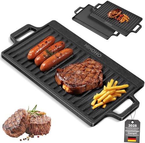 Placa de hierro fundido con asas, 45 x 22 cm, plancha antiadherente para barbacoa de gas, parrilla de carbón vegetal para exterior/camping (45 cm)