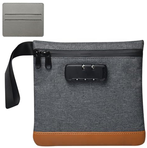 Money Bag with Combination Lock, 7.9 x 7.4In Carbon Lined Security Smell Proof Bag, Waterproof Safe Storage Pouch with PU Card Holder, Portable Safe Handle Bag for Cash Travel Passports Credit- Grey