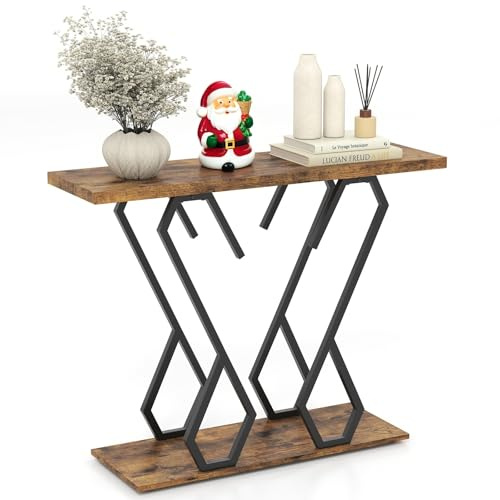 LIFEZEAL Table Console Effet Marbre, Table d'Entrée à 2 Niveaux, Table de Couloir avec Cadre Papillon, Table Décorative Étroite pour Salon et Couloir, 100 x 30 x 79 cm, Doré (Style 1, Marron)