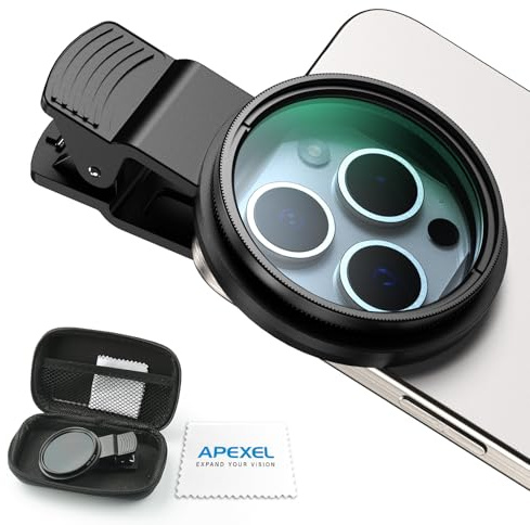 APEXEL CPL 52mm Circular Polarizer Polarizing Filter for iPhone/DSLR for iPhone Camera Lens 16 15 14 13 12 Pro Max Samsung Galaxy Huawei with Adapter Ring, Universal Clip