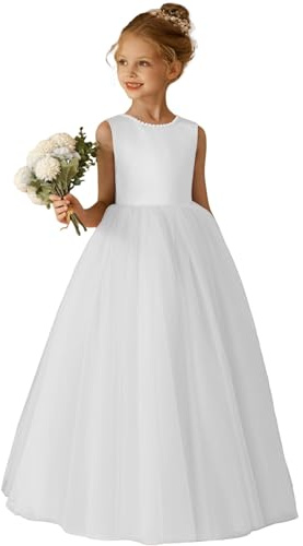 GETCUTE 2026 Little Girls Wedding Guest Dress White Sleeveless Flower Girl Dress Formal Pageant Party Gown O-Neck Pearls Prom Dresses White Size 4