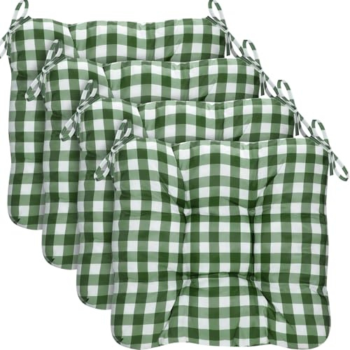 Geetery 4 Pack Chair Cushions for Dining Chairs, 16 x 15 Green and White Kitchen Chair Cushions with Ties Buffalo Plaid Soft Comfy Seat Pads for Home Office Living Room Outdoor Indoor
