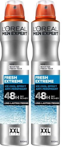 L’Oréal Men Expert Fresh Extreme XXL Anti-Perspirant Deodrant Spray, 48H Ultra-Absorbent Dry Effect, Instant Ice-Cool Sensation, Fresh For Longer, Alcohol-Free, 300ml (Pack of 2)