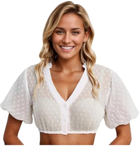 Generisk dam Dirndl-blus eleganta ballongärmar Dirndl-blus V-ringad hålbroderi kostymblus Oktoberfest outfit för dräkter och festliga kläder, Vit, M