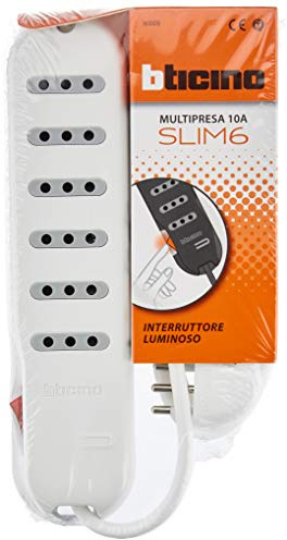 BTicino 3630DB Ciabatta Multipresa Slim6 Appendibile, 6 Prese 10A con Interruttore Laterale Luminoso, 2200 W, 250 V, Bianco