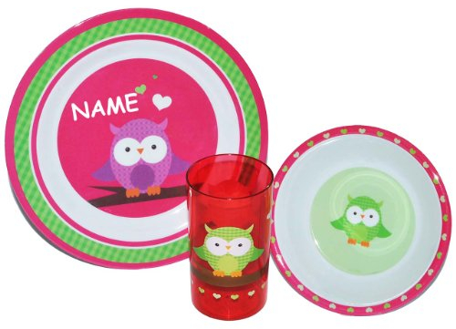 alles-meine.de GmbH 3 TLG. Geschirrset Eule - incl. Name - Melamin Trinkbecher + Teller + Müslischale - Kindergeschirr Frühstücksset Eulen Jungen Mädchen Herzen Eulen auf AST sit..