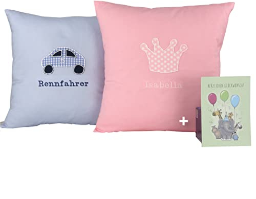 Kinderkissen mit Namen 40 x 40 cm inkl. Glückwunschkarte Geschenk zur Geburt, Taufe oder Geburtstag für Mädchen & Jungen Handmade aus Deutschland Babykissen mit Namen Namenskissen Kissen mit Namen
