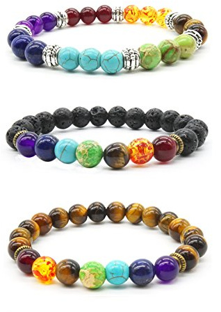 Mayting armband av naturstenar, tigeröga, lavasten, reiki, chakra, män/kvinnor, armband, 3 stycken, 7 pouces, Sten, - Amber