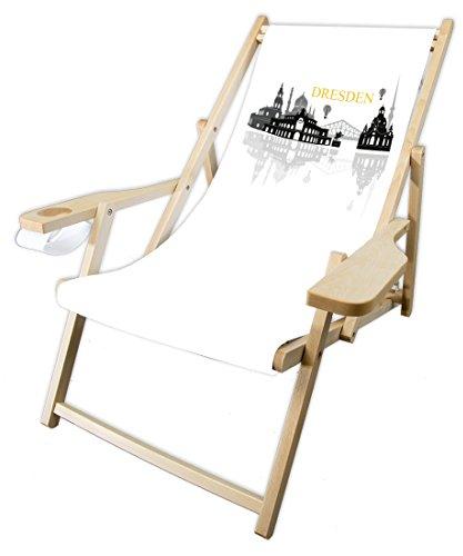 MultiBrands® Holz-Liegestuhl, mit Armlehne und Getränkehalter, klappbar, Skyline Dresden