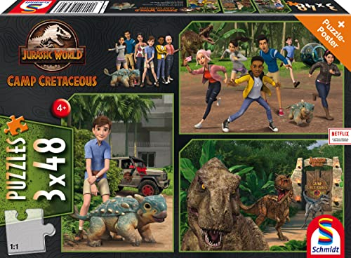 Schmidt Spiele 56434 Jurassic World, Neue, Abenteuer auf Isla Nublar, 3x48 Teile Kinderpuzzle, bunt
