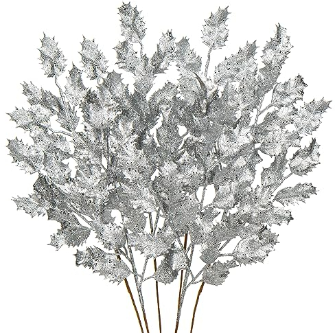 6PCS Kunstzweig Weihnachtsdeko Kunstpflanze Weihnachtsblätter Zweig Glitzernde Eichenblätter Dekozweig mit Glitzern, Länge 58CM