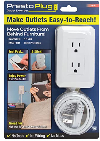 Ontel Presto Plug Outlet Extender for Relocating Unreachable Power Outlets, 4ft Cord, Sticks Easily on Wall, Provides Surge Protection, 2 AC Outlets, 2 USB Ports & Built-in Shelf