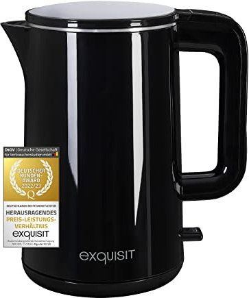 Exquisit Wasserkocher WK 6103 sw | 1,5 Liter Volumen | 360 Grad Sockel | 2200 Watt | automatische Abschaltung | doppelwandig, Schwarz-inox, 5010168
