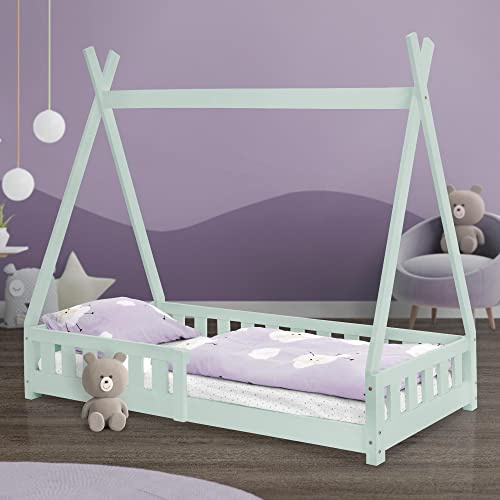 ML-Design Barnsäng Tepee 80x160 cm mintgrön med skydd mot nedfall och lamellstomme, furu, indisk säng i massivt trä för flickor och pojkar, hus säng med staket barnhus ungdomssäng lek