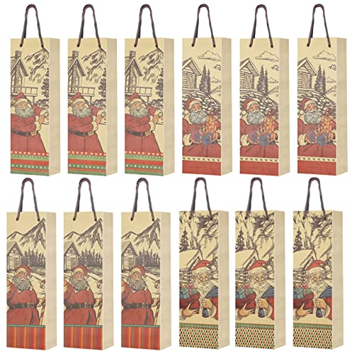 Qunkun 12 Stück Geschenktüten Weintasche Flaschentüten, 36×13×8 cm Weihnachten Weintüten, Flaschentüten Weintüten, Kraftpapier Flaschen Tüten Geschenktaschen mit Henkel für Weinflaschen Verpackung