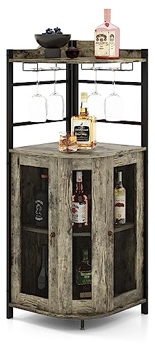 TANGZON Corner Bar Cabinet, 2 Mesh Doors Wine Cabinet with Glass Holders, Adjustable Shelf & Anti-Tipping Devices, Industrial Liquor Drinks Storage Sideboard for Home Bar Kitchen Cellar (Oak Grey)