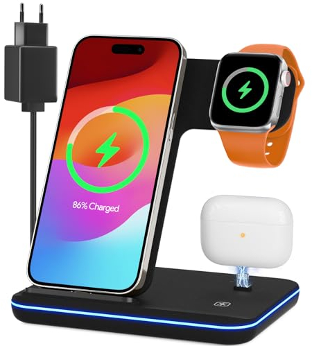 Induktive Ladestation für Apple Wireless Charger 3 in 1: Kabelloses Ladegerät für iP.Hone 16/15/14/13/12/11/Pro/Max/XS/XR/X/8/Plus, Apple Watch 2/3/4/5/6/7/8/9/10 und Air.Pods