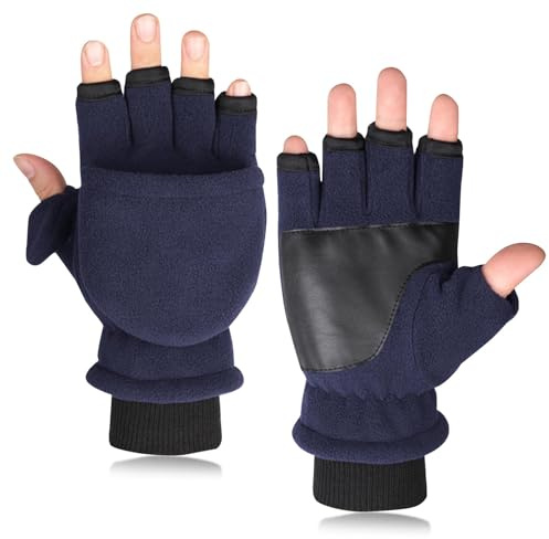 AWAVM 1 par herr 3M Thinsulate fleece vantar handskar konvertibla fingerlösa vantar klaffskydd flera användningsområden, Marinblått Xsp, M