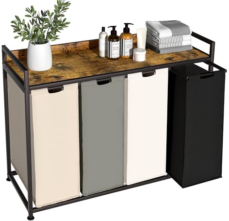 Herture Panier à linge avec étagère, panier à linge à 4 sections, trieur à linge avec grands sacs amovibles amovibles 4 couleurs et roues mobiles, cadre en métal, 4x60 Litres, marron rustique PF07XLN