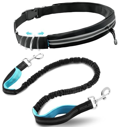 Vihir Joggingleine Hunde Mit Gürteltasche Für Mittel Große Hund, Blau Laufgürtel Hundeleine Mit Bauchgurt, Freihandleine Mit Tasche Zum Laufen Wandern Joggen,Leine Hund Mit Doppelgriff Gürteltasche