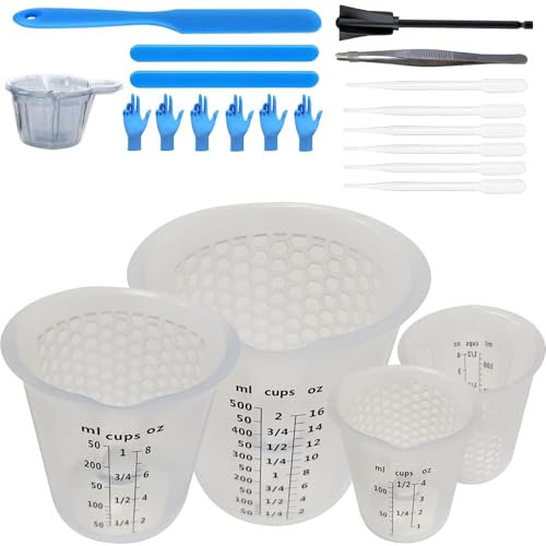 4 Pcs Verre Doseur Cuisine, Verre Doseur en Silicone en Forme de Nid d’Abeille, 120ml/250ml/500ml, Récipient Gradué pour Mélange de Résine Époxy, Compagnon Idéal pour Vos Créations DIY et Cuisine