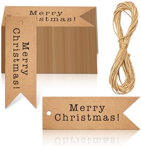 Surcotto 100 Pcs Christmas Tags - 3x9 cm Merry Christmas Labels with Holes, Hanging Xmas Gift Tags with 20M Jute Twine, Kraft Paper Finish