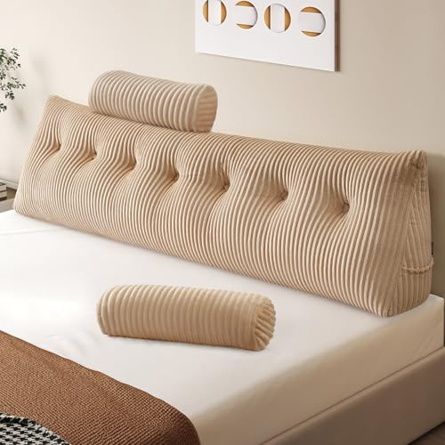 Z-hom Cojín para Libros, cuña, cojín de Lectura para Cama y sofá, cojín de Espalda, práctico Compartimento Lateral, Cubierta extraíble, con Almohada Redonda (Beige, 200 * 50 * 20cm)