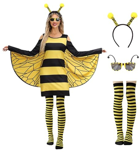 Dam Carnival Klänning 4 Stycken Bee Kostym, Gul Carnival Apedsuit Klänning Vuxen Lång Flickkjol, Pannband, Hår Strumpor Över Knä, Bi-Glasögon För Cosplay Party