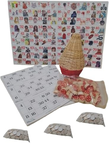 Tombola Artigianale Napoletana con numeri in Legno, Cartellone Figurato Colorato con la Smorfia, 48 Cartelle, Panariello intrecciato a Mano, 270 segna numeri Articolo Tradizionale per Fare Festa