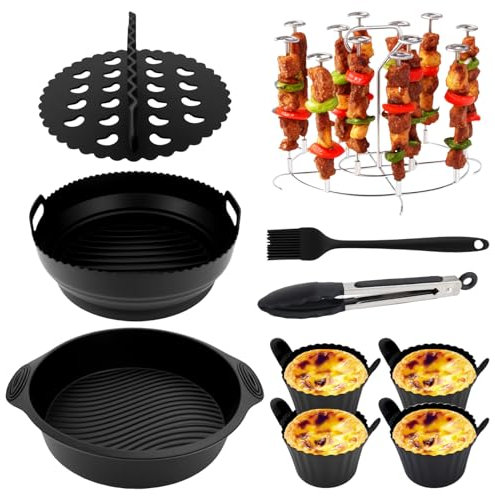 TYBYBB Kit d'accessoires pour friteuse à air chaud, compatible avec Ninja AF160EU AF150EU AF161EU COSORI Philips Airfryer Accessoires ronds avec moule en silicone, grille de barbecue, brosse à huile
