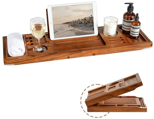 Realgulf Teak Bathtub Tray | Adjustable Width Tray with Wine Holder, Tablet/Phone & Book Stand, Splash-Proof for Bath Time- Natural