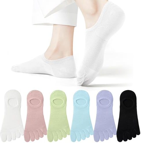Soleeya 6 Pares Calcetines 5 Dedos Mujer Talla 35-40, Transpirable Calcetines Invisibles Cinco Dedos de Deporte Algodón Tobilleros de Corte Bajo Separados Pies con Silicona Antideslizante (A)