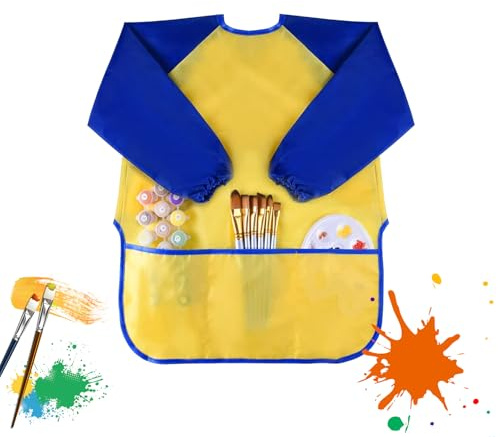 SJUIEO Delantal impermeable de manga larga para niños (120 cm) para niños de 5 a 8 años de edad, bata de imitación ajustable con diseño de bolsillo grande, ropa de pintura para niños y niñas, amarillo