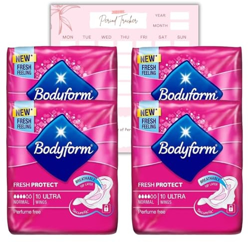 Body Form 10 Ultra Sanitary Towels with Wings Pack of 4, 40 (10 x4 Packs) Perfume Free Period Pads, Normal Flow Cour-V Ultra with Caliko Period Tracker