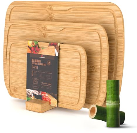 KitchenBoss Bambù Tagliere Legno con Scanalatura, Set di 3 Tagliere da Cucina38x25cm/33x20cm/25x15cm Cutting Board Duraturo per Carne, Verdure e Pane