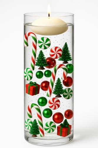 Aisikoo 7075 PCS Christmas Vase Filler Decorations for Floating Candles - Acrylic Plastic Glass Red White Green Floating Pearls - Water Gel Beads for Vases