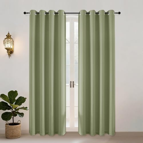 Simplebrand Vorhang Blickdicht Grün Schalldämmend, Gardinen mit Ösen 2er Set H200 x B140 cm, Thermo Vorhänge Gegen Kälte Vorhang Modern Ösenschal für Wohnzimmer Schlafzimmer