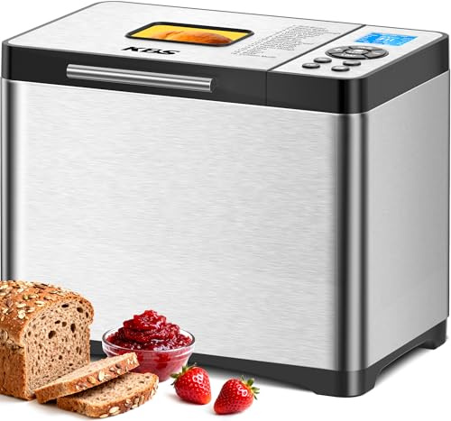 KBS Máquina de pan programable 19 en 1 de 2 libras, máquina de pan de acero inoxidable con sartén de cerámica antiadherente, máquina de hacer pan de 650 W con temporizador de 15 horas y 1 hora para