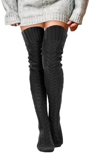 Chaussettes Hautes Montantes Femmes chaussettes hautes en Coton pour Femmes chaussettes Coton Chauffantes Hiver Chaussette de Genoux Longues Tricot pour Hiver Tubulaires Hautes Tricotées (Noir)