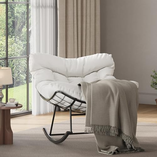 Acekool Fauteuil œuf à Bascule Papasan de Jardin surdimensionné – Coussin Large, Structure métal Robuste – Confort Patio, Salon, Balcon, terrasse – Coloris : Spray Plastique Noir + Tissu Blanc Europe
