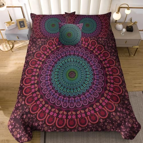 Sleepwish 4pcs Red Green Bohemian Duvet Cover Set Queen Size for Kids Teens Mandala Bedding Set Soft Romantic Boho Chic