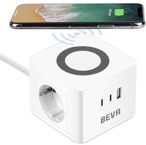 BEVA Steckdosenwürfel Cube mit 10W Wireless Ladefunktion + 1.5M Kabel，2500W/10A Mehrfachsteckdose mit 2 USB C+1 USB-A, Ladewürfel mit Wireless Charger, Handy-Ladegerät für Reise Haushalt Büro, Weiß