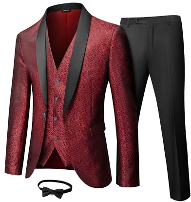 YND Men's 3 Piece Slim Fit Tuxedo Suit Set, One Button Shawl Collar Floral Business Blazer Jacket Vest Pants with Bow Tie, Red