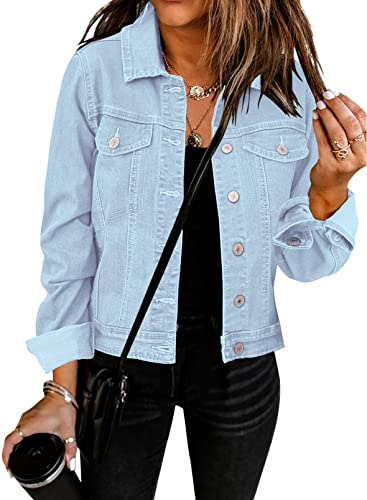 GRAPENT Women's Casual Basic Button Down Long Sleeve Stretchy Jean Trucker Denim Jacket with Pockets Light Blue Color Size X-Large US 16-18